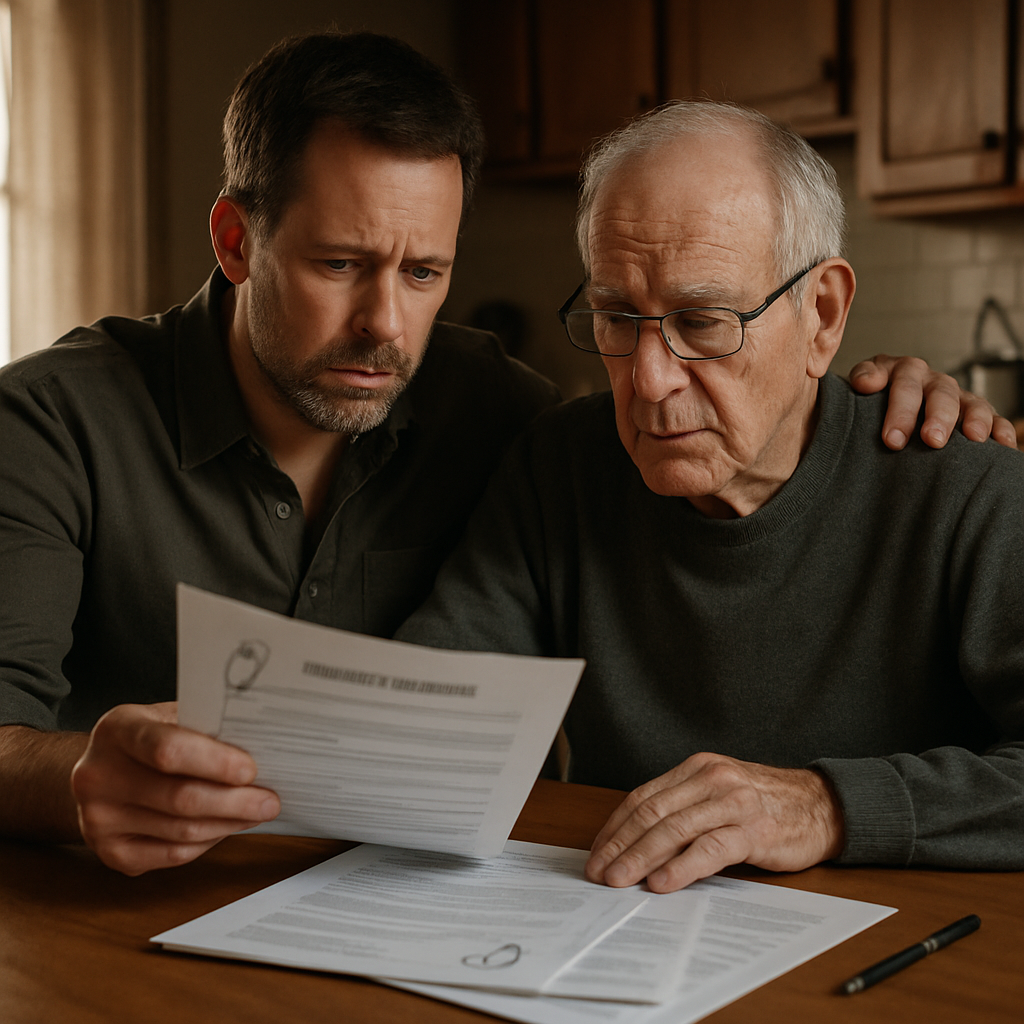 A middle-aged man and his elderly parent reviewing medical documents together at a kitchen table, showing care and concern. Alt: Man over 40 assessing aging parent's health and daily needs with medical documents.