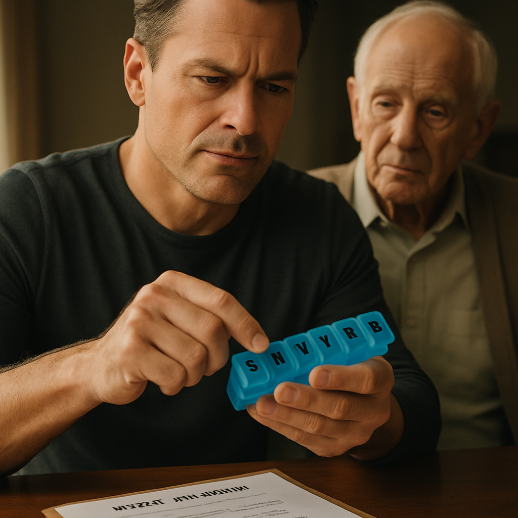 A confident middle-aged man organizing a weekly pillbox for his aging father, with medical appointment notes visible. Alt: Caring for aging parents checklist - medication management and healthcare coordination for men over 40.