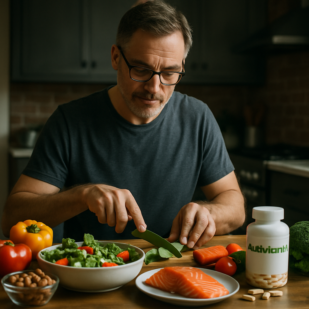 A middle-aged man preparing a balanced meal with colorful vegetables, nuts, and fish. Alt: Nutritional needs for men over 40 featuring a healthy balanced diet with multivitamins.