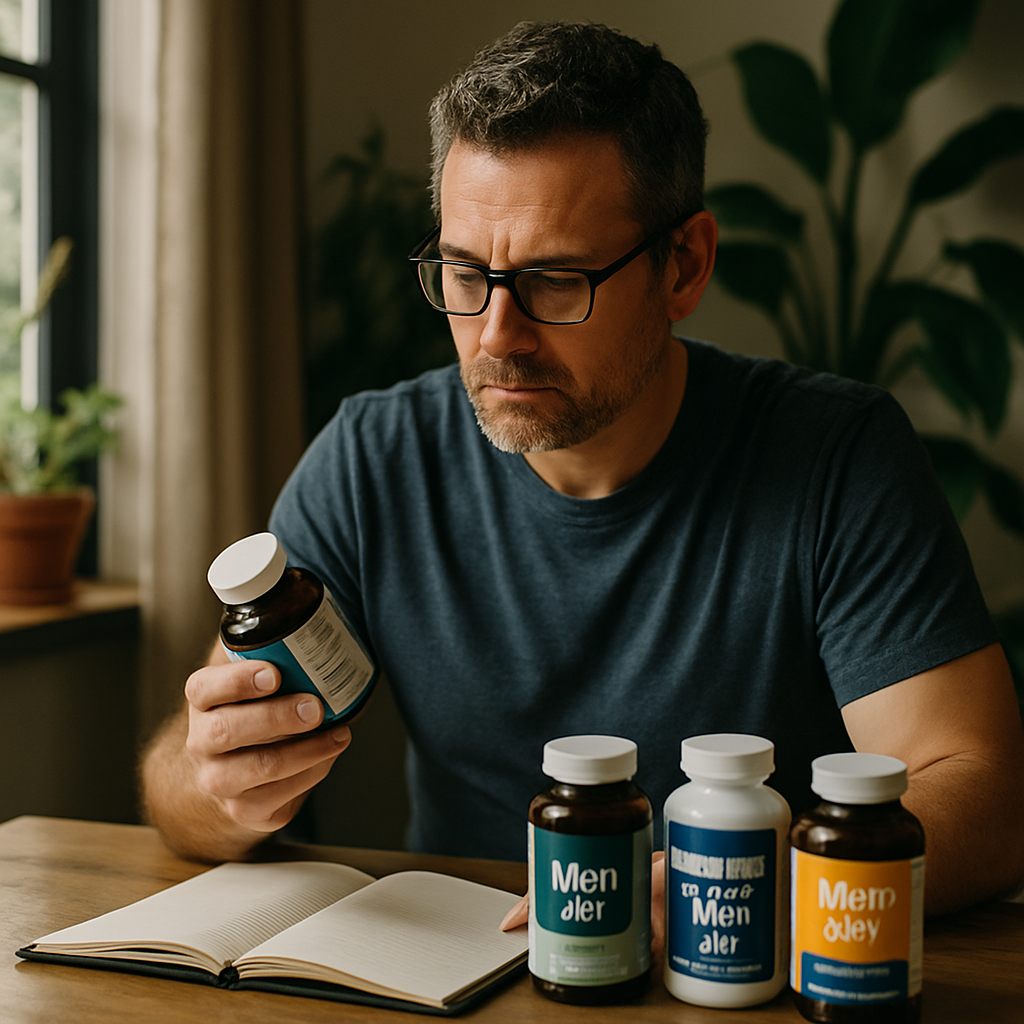 A man in his 40s checking vitamin bottles and taking notes, surrounded by natural light and plants. Alt: Multivitamin for men over 40 selection process.