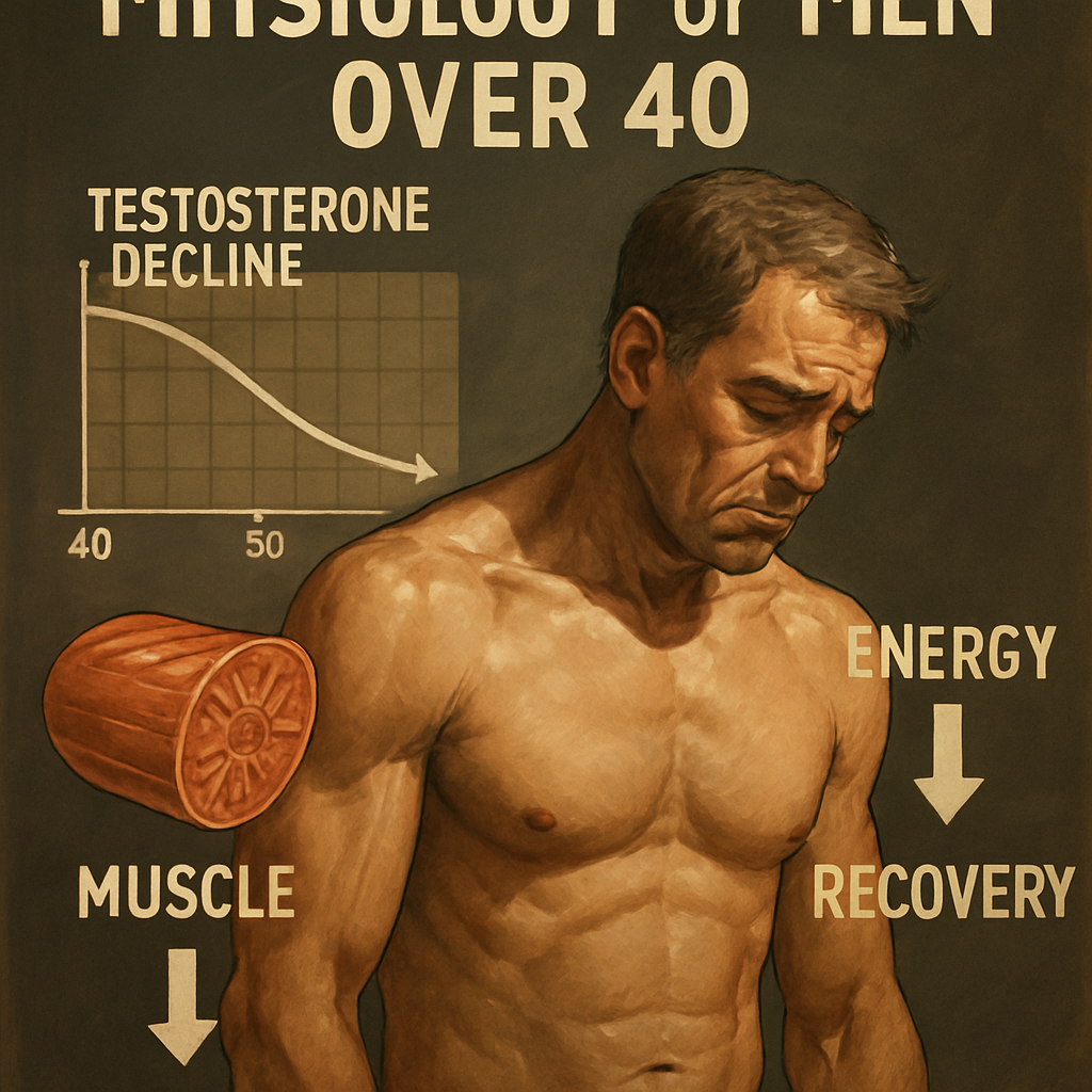 Illustration showing the hormone testosterone declining gradually with age and its impact on muscle, energy and recovery in men over 40. Alt: Physiology of men over 40 showing testosterone decline and muscle changes.