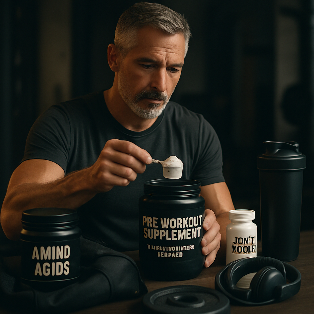 A mature, fit man preparing a balanced pre workout supplement next to gym gear, showing ingredients like amino acids and joint support compounds. Alt: Pre workout supplement for men over 40 with joint and energy support.