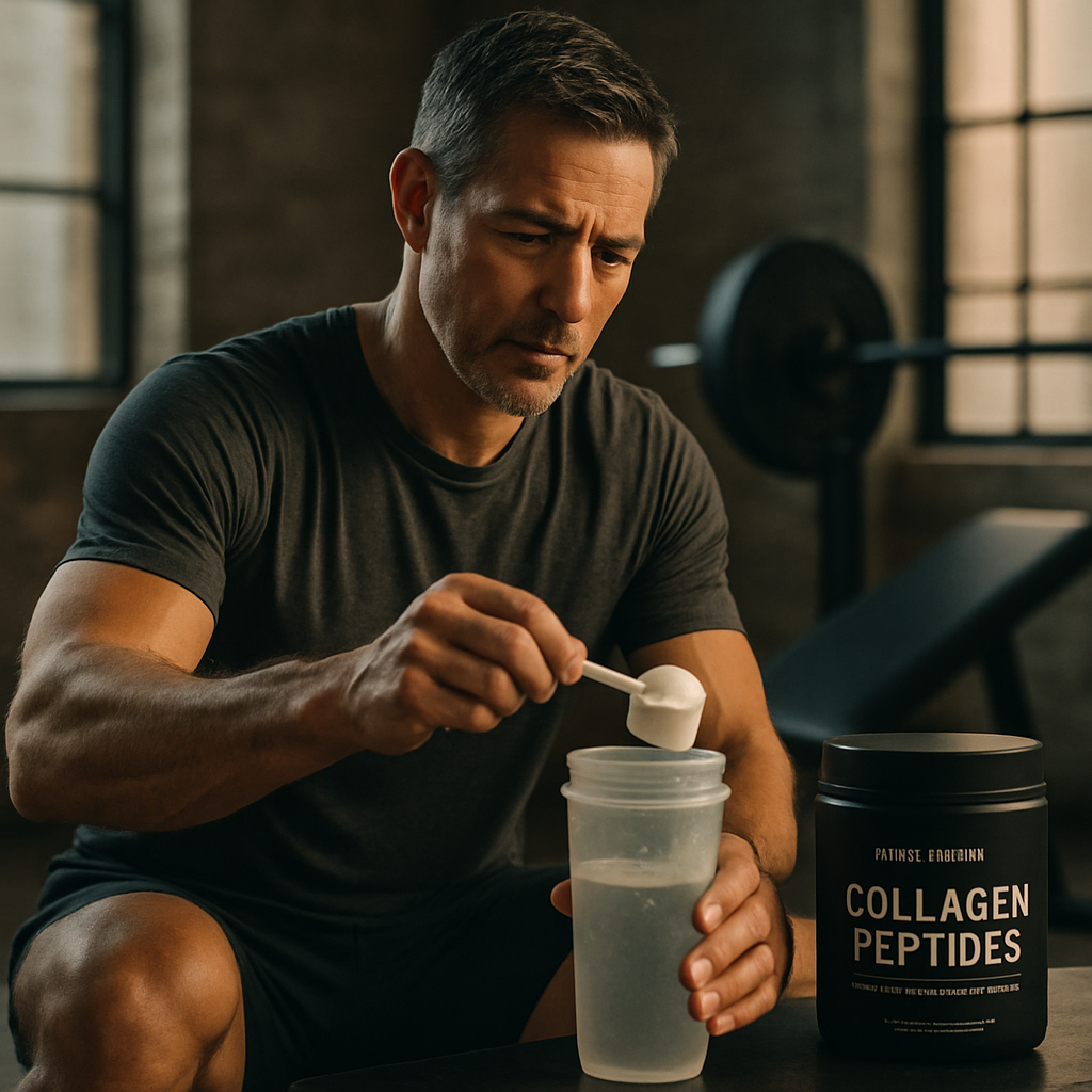 A fit man over 40 preparing a pre workout drink with collagen peptide powder next to his weight bench, emphasizing balanced energy and joint care. Alt: Pre workout for men over 40 emphasizing fitness and recovery support.