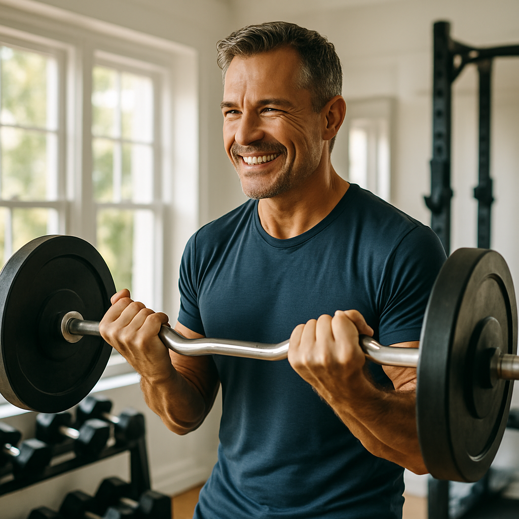 A fit middle-aged man lifting weights in a bright home gym setting, smiling with determination. Alt: Creatine for men over 40 boosting muscle strength and energy for a vibrant second act.