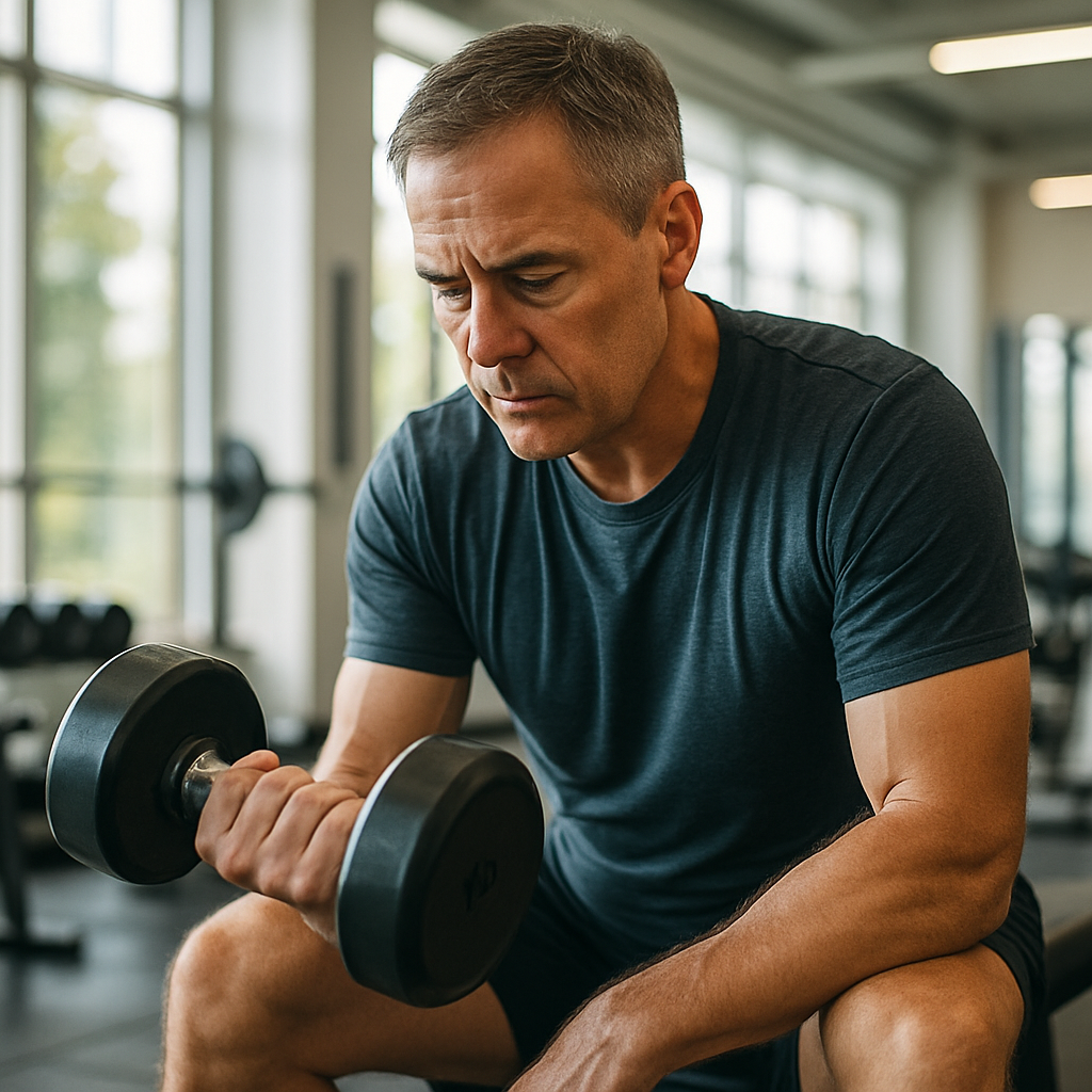 A middle-aged man doing a careful dumbbell workout in a bright gym, focusing on form and controlled movement. Alt: Middle-aged man performing age-appropriate fitness exercises while taking creatine for best results.