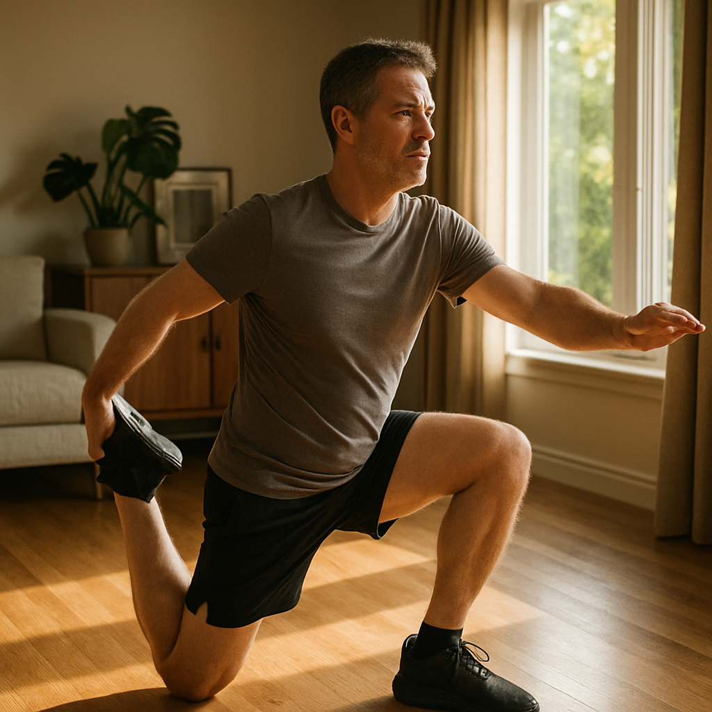 A mid‑life man performing a dynamic quad stretch in a sun‑lit living room. Alt: knee pain exercises for men warm‑up mobility