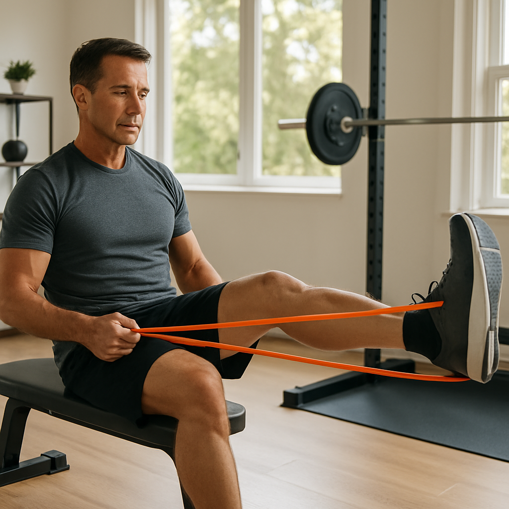 A fit man over 40 performing a seated quad extension with a resistance band in a bright home gym. Alt: knee pain exercises for men strengthening quadriceps