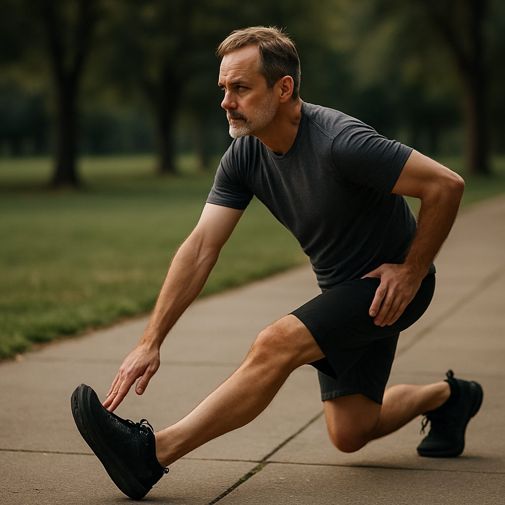 A middle-aged man doing walking hamstring stretches outdoors, showing proper form and posture. Alt: Midlife man warming up hamstrings before lower back stretches, emphasizing flexibility.