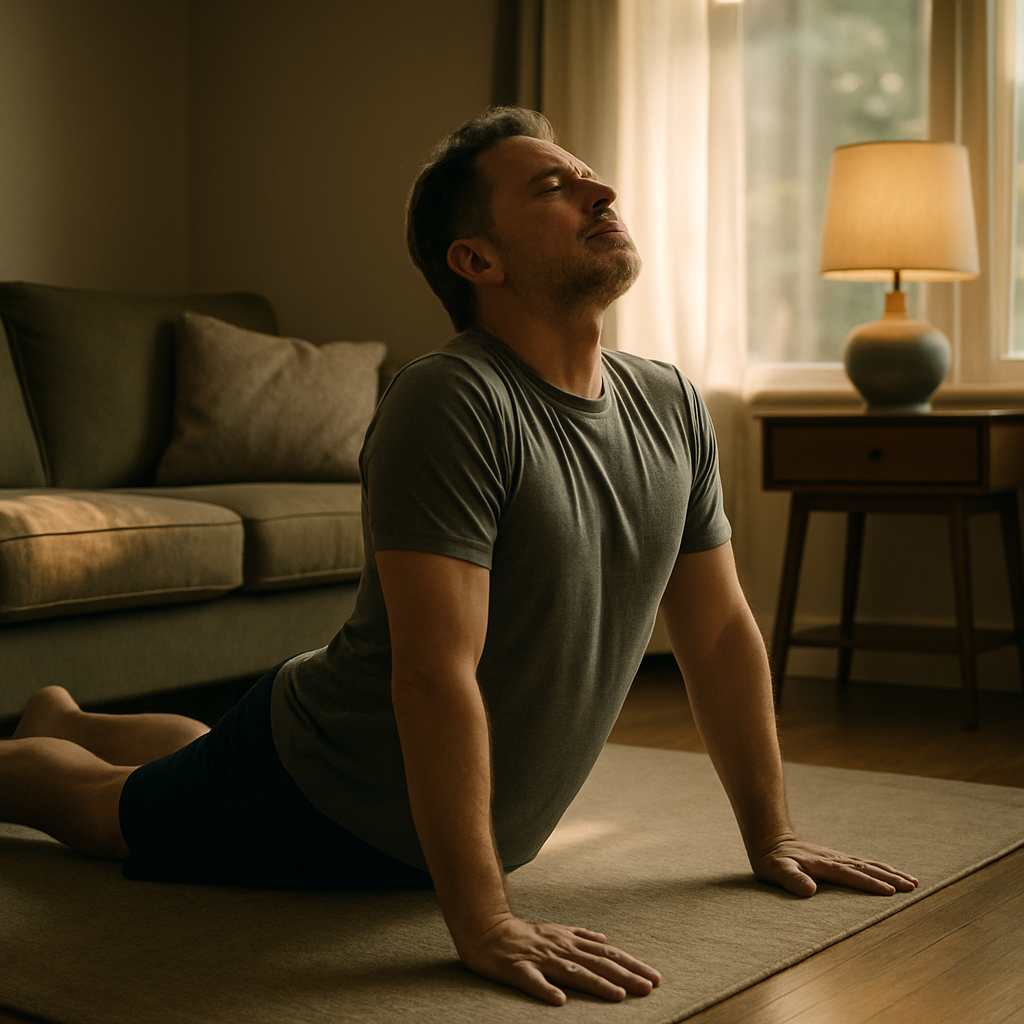 A middle-aged man performing gentle lower back stretches at home in the morning. Alt: Lower back stretches for men over 40 to improve flexibility and reduce back pain.