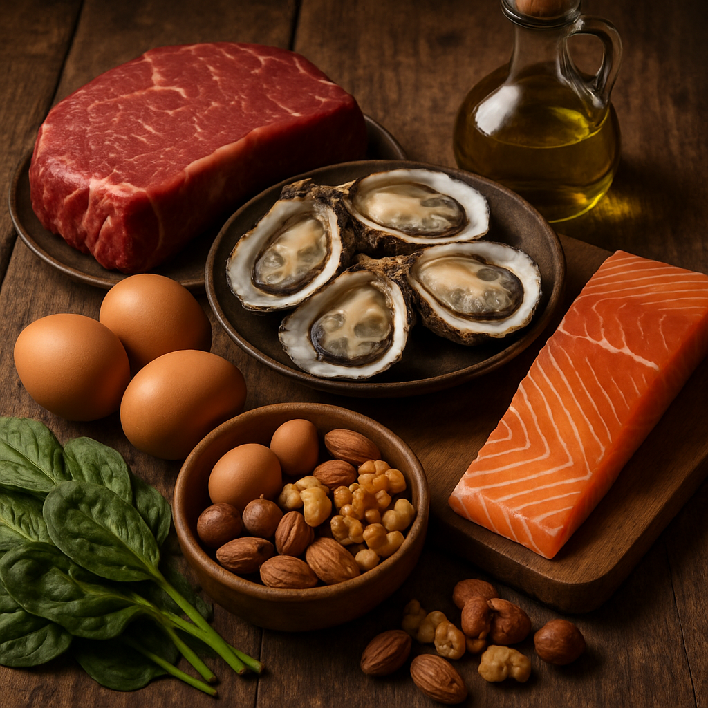 Close-up shot of nutrient-rich foods like grass-fed beef, oysters, eggs, wild salmon, nuts, and dark leafy greens on a rustic wooden table. Alt: Testosterone boosting foods for men including zinc-rich oysters, vitamin D-rich salmon, and healthy fats from grass-fed beef and olive oil.