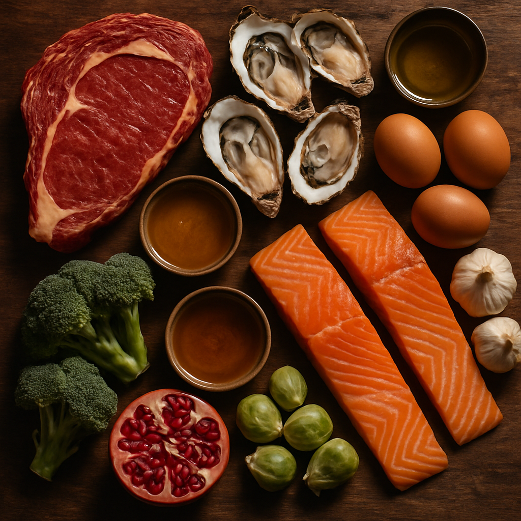 A top-down shot of a rustic wooden table loaded with grass-fed ribeye steak, oysters on half-shell, eggs, wild salmon fillets, pomegranate seeds, cruciferous vegetables, garlic bulbs, and a small bowl of raw honey. Alt: Testosterone boosting foods for men including zinc-rich oysters, vitamin D-rich salmon, and healthy fats from grass-fed beef and olive oil.