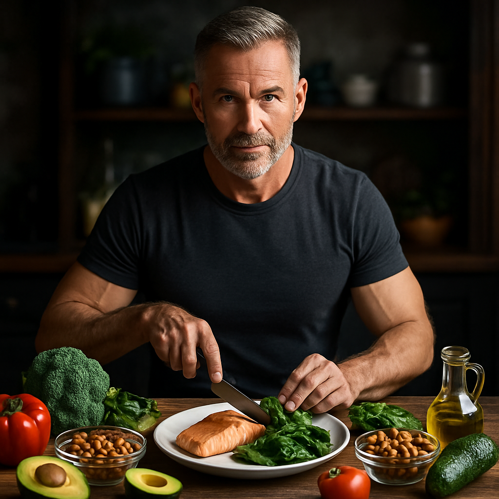 A confident middle-aged man preparing a balanced meal rich in testosterone boosting foods, surrounded by fresh vegetables, nuts, and healthy fats. Alt: Testosterone boosting foods for men over 40, midlife masculine health diet.