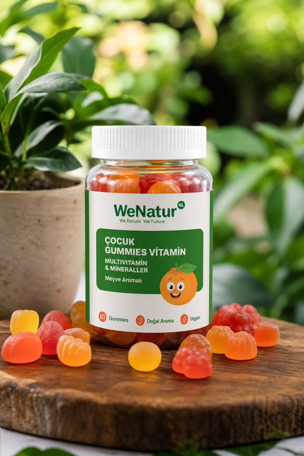 A photorealistic close-up of colorful fruit gummy vitamins arranged on a wooden table, with natural light and green leaves in the background. Alt: Çocuk gummies vitamin fiyatları karşılaştırma, doğal vitaminler.