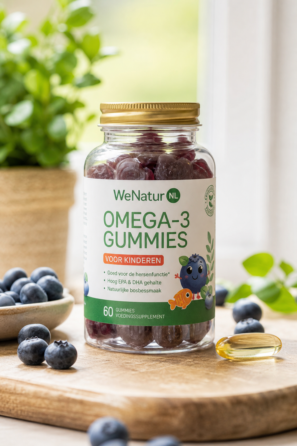 A photorealistic image of a clear glass jar filled with omega-3 gummy vitamins, surrounded by fresh blueberries and a fish oil capsule. Alt: çocuk gummies vitamin fiyatları karşılaştırma, omega-3 gummies.