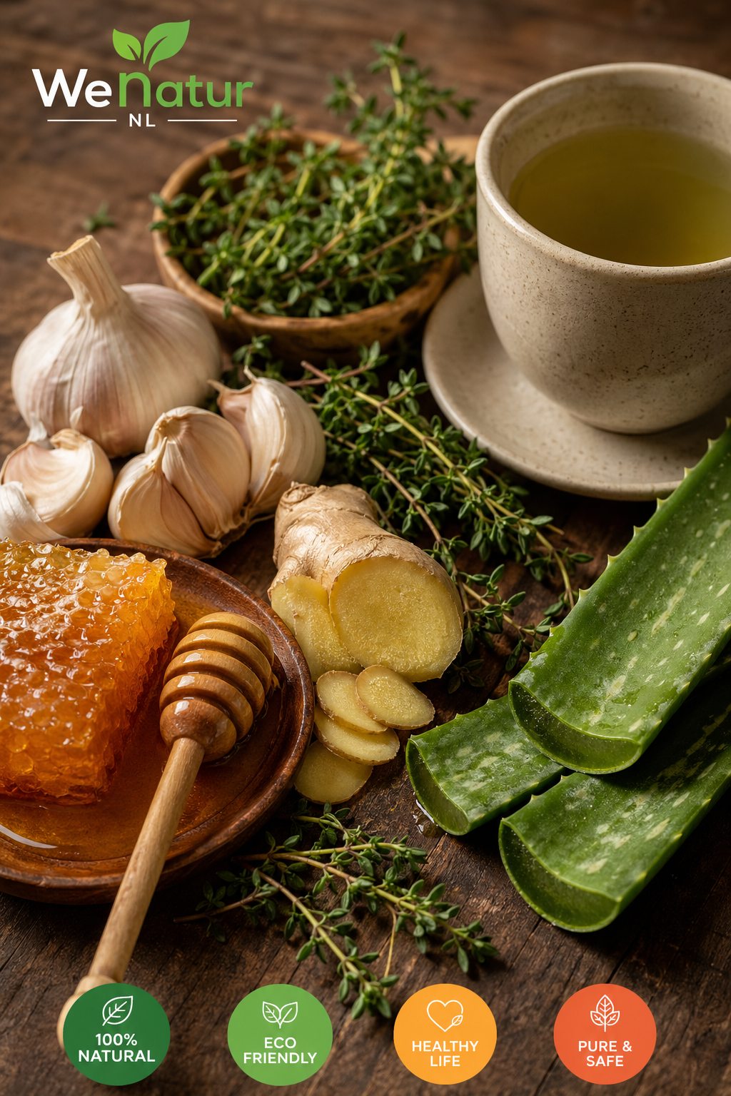 A photorealistic close-up of natural ingredients like honey, garlic, ginger, thyme on a rustic wooden table, with a cup of green tea and a sliced aloe vera leaf. Alt: Doğal bitki ve gıda karışımları bal sarımsak zencefil kekik yeşil çay aloe vera