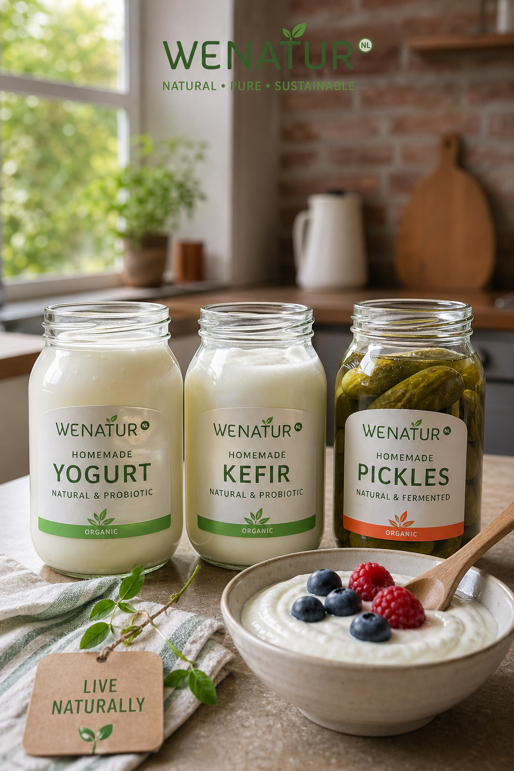 A photorealistic view of homemade yogurt, kefir, and pickles in glass jars on a kitchen counter, with a bowl of yogurt and berries. Alt: Probiyotik fermente gıdalar yoğurt kefir turşu