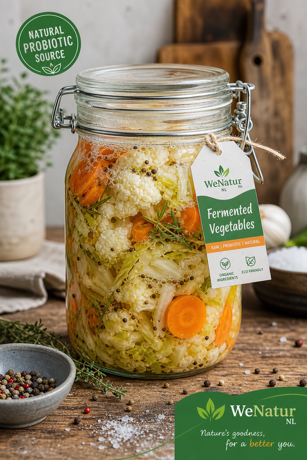 A photorealistic close-up of a glass jar filled with homemade fermented vegetables, with bubbles visible, on a rustic wooden kitchen counter; soft natural lighting. Alt: Ev yapımı fermente sebze turşusu, doğal probiyotik kaynağı