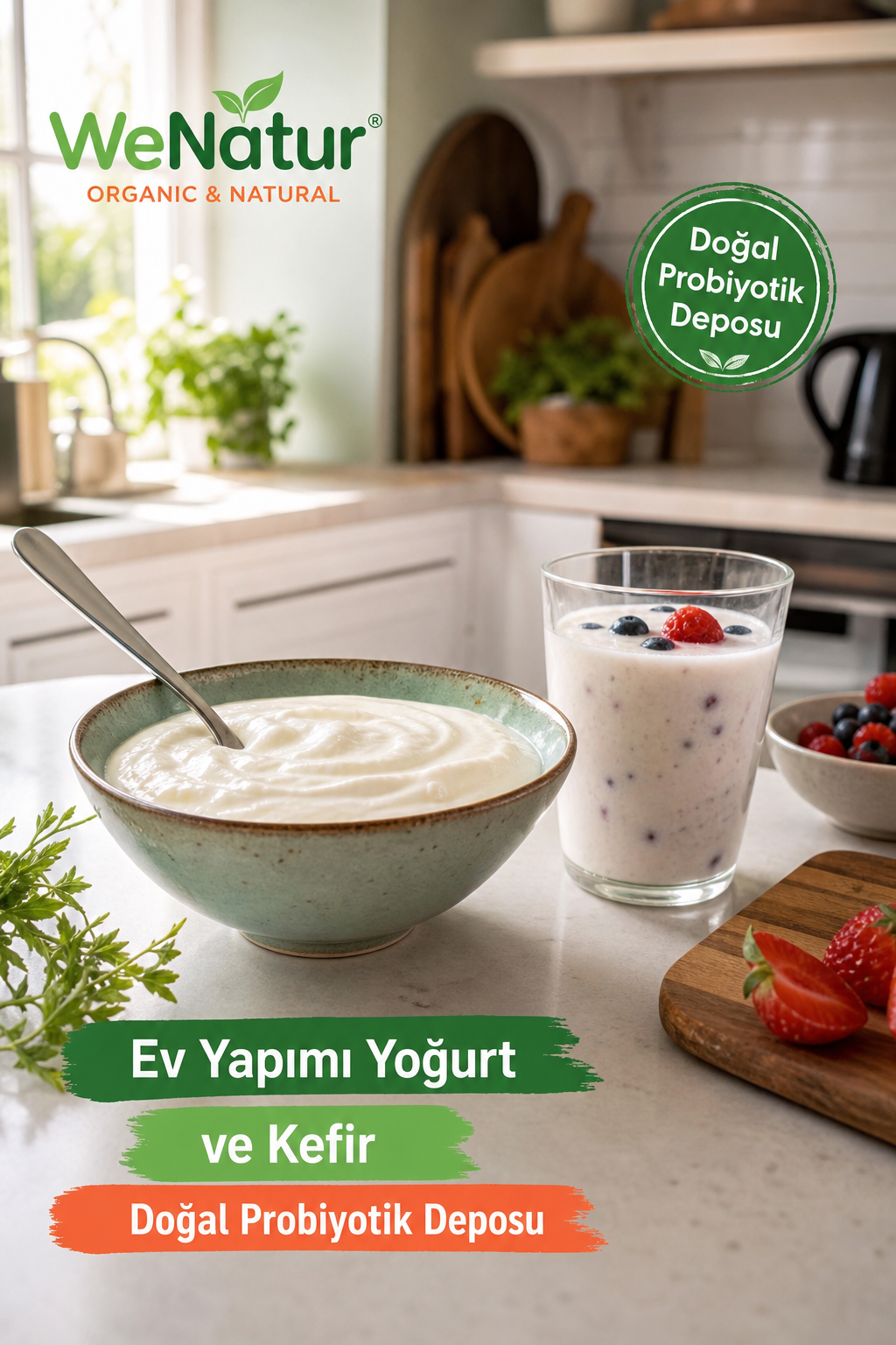 A photorealistic bowl of thick, creamy homemade yogurt with a spoon, next to a glass of kefir with berries; bright morning kitchen setting. Alt: Ev yapımı yoğurt ve kefir, doğal probiyotik deposu