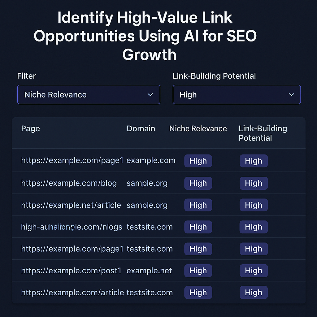 An AI‑powered dashboard highlighting a list of high‑authority web pages, with filters for niche relevance and link‑building potential. Alt: Identify high‑value link opportunities using AI for SEO growth.