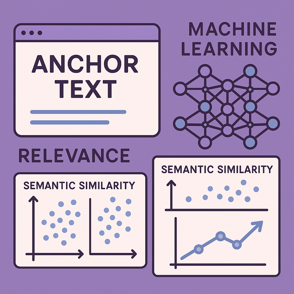 AI visual of machine learning analyzing anchor text relevance, showing graphs of semantic similarity. Alt: Optimize anchor text with machine learning for SEO