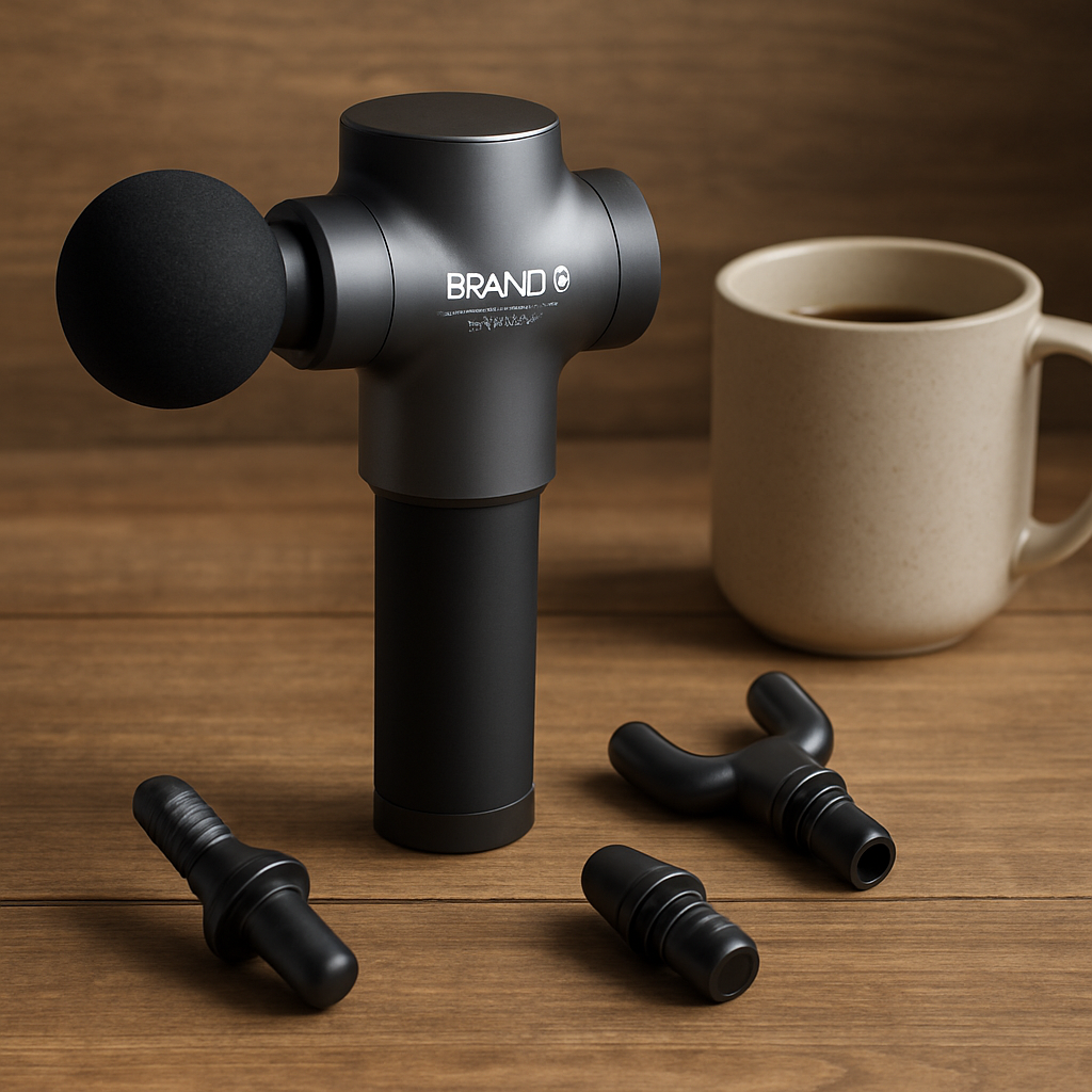 A sleek, affordable massage gun Brand C Model Z on a wooden table next to a coffee mug, highlighting its compact design and interchangeable heads. Alt: affordable massage gun versatile value brand C model Z