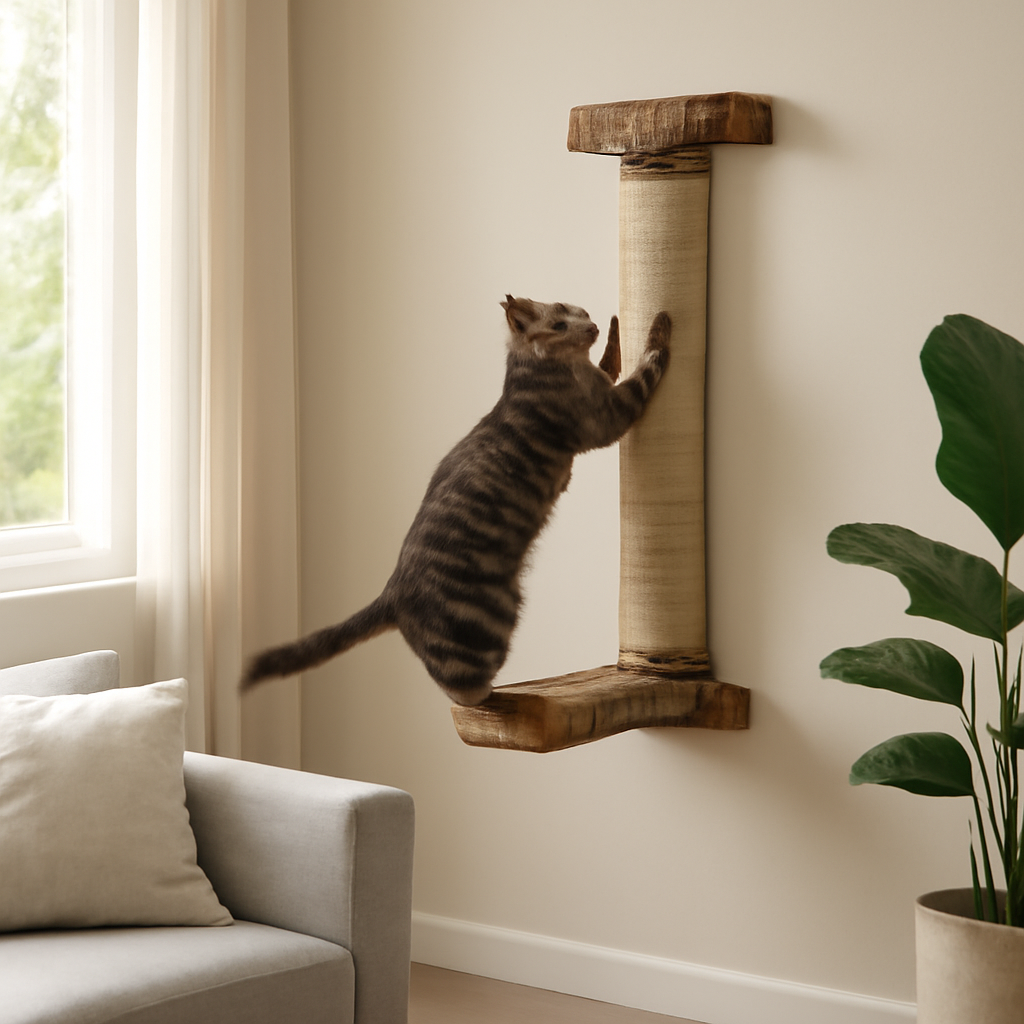 A modern living room with a stylish wall‑mounted cat scratching post made of natural wood bark and sisal rope, a tabby cat stretching on it, soft daylight filtering through a nearby window. Alt: wall-mounted cat scratching post materials guide.