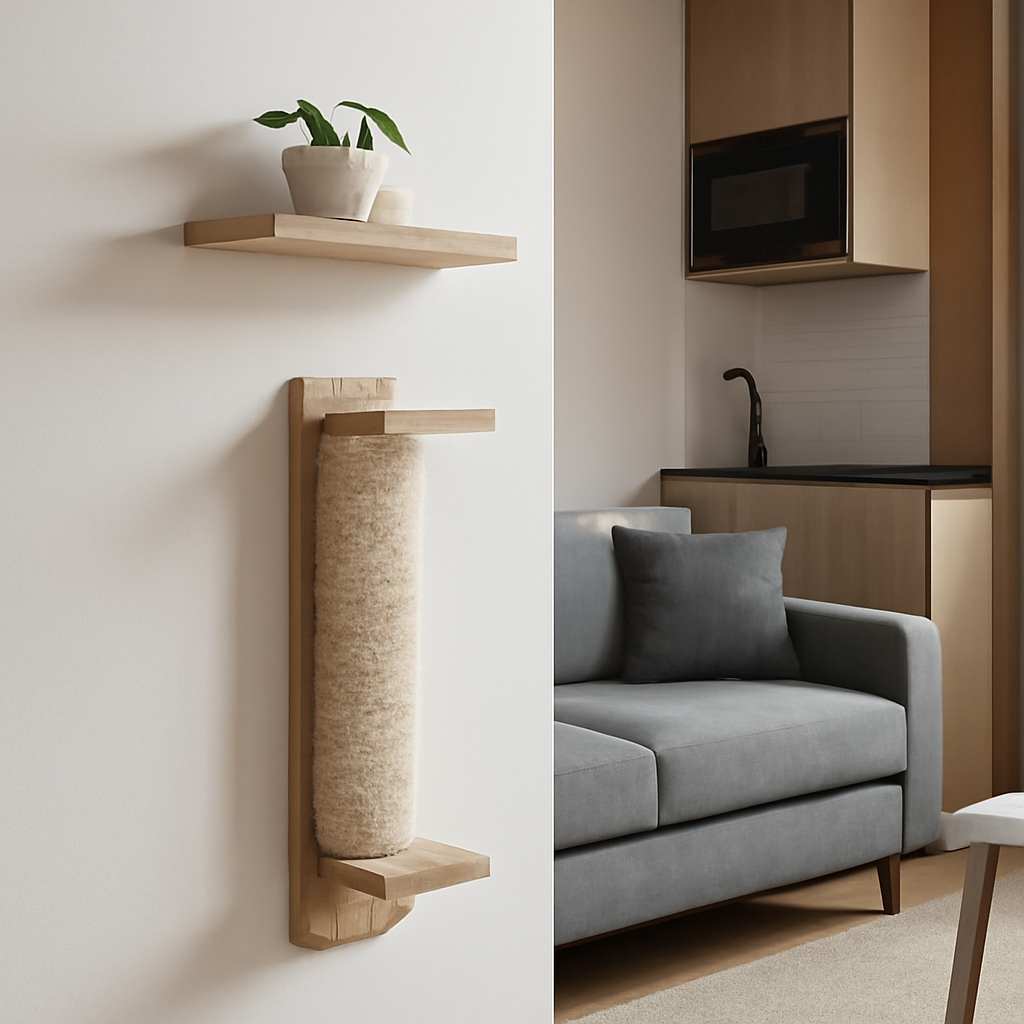 A compact modern studio apartment with a sleek wall‑mounted cat scratching post made of natural wood and sisal, tucked next to a floating shelf. Alt: Space‑saving cat scratching post wall mounted in small apartment.