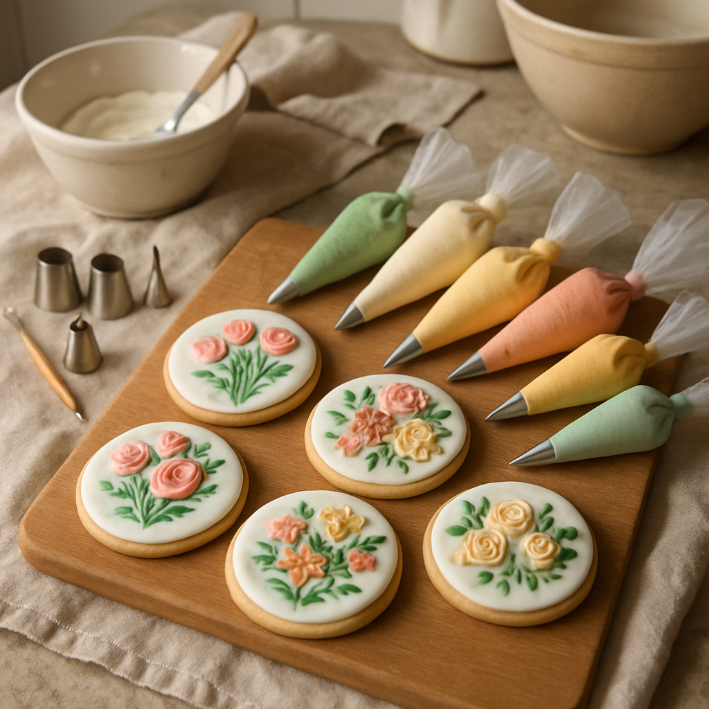 A cozy home baking setup displaying advanced cookie decorating tools and beautifully piped floral cookies, capturing the artistry and detail of advanced cookie decorating. Alt: 