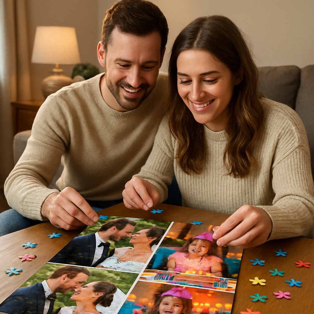 A cozy living room scene with a couple and family working together on a colorful personalized photo jigsaw puzzle featuring wedding and birthday memories. Alt: Personalized photo jigsaw puzzle featuring wedding and birthday celebrations being assembled by family.