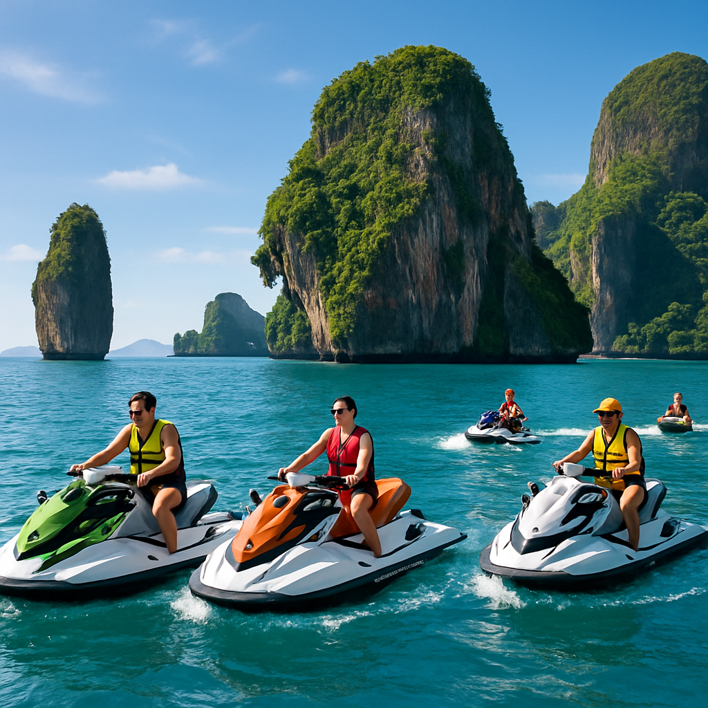 A sunlit scene of a group on jet skis cruising near Phuket’s dramatic limestone islands, vibrant blue water glistening under a clear sky. Alt: Phuket jet ski tour with transfer showcasing stunning island scenery and crystal-clear sea.
