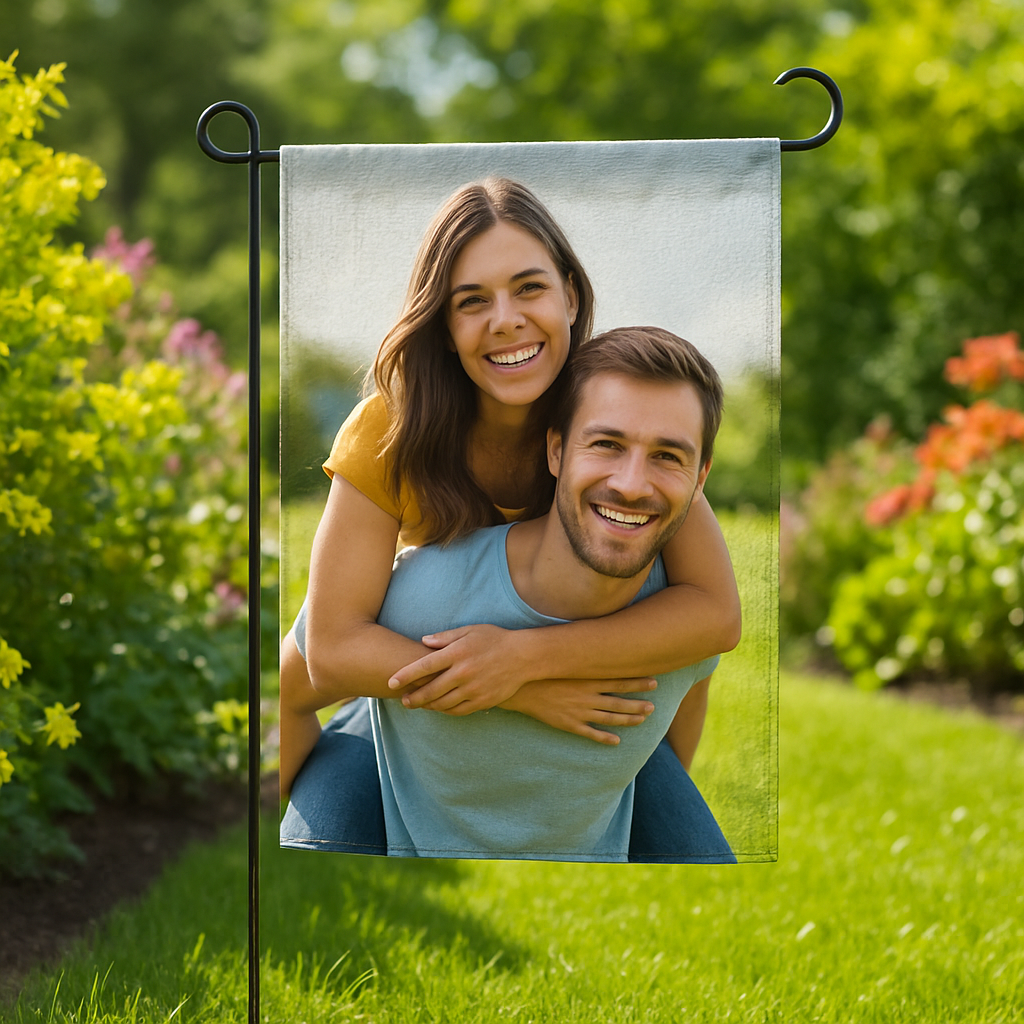 A sunny garden with a vibrant custom photo garden flag fluttering on a metal pole, showing both the flag’s fabric texture and printed photo. Alt: custom photo garden flag gift displayed outdoors on a durable, weather‑resistant fabric.