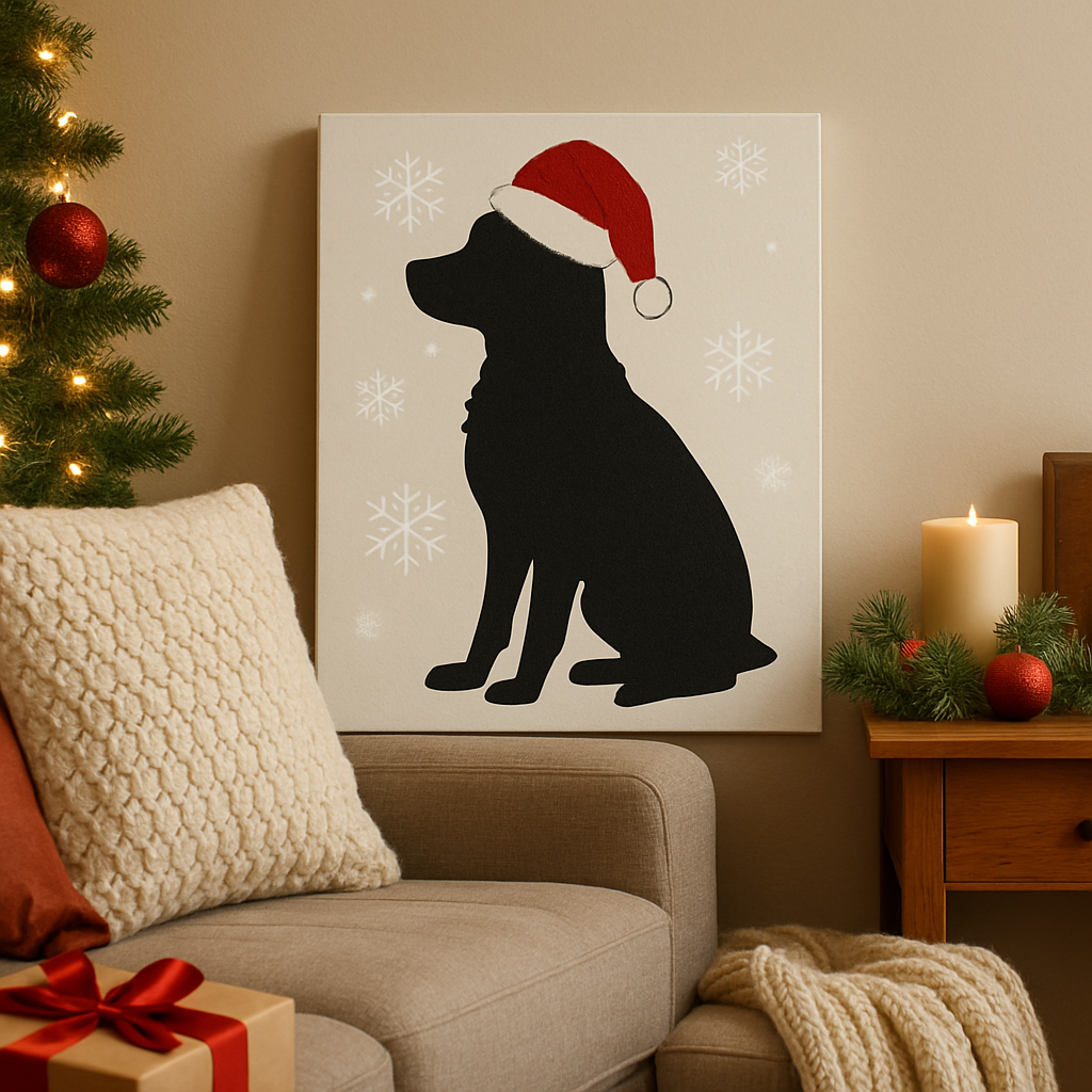 A cozy living room scene featuring a print on demand custom pet silhouette canvas gift decorated with holiday motifs like a Santa hat and snowflakes on the canvas, evoking festive warmth. Alt: Holiday themed print on demand custom pet silhouette canvas gift with festive decorations.
