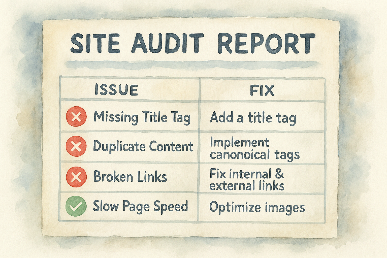 Site audit report sample showing technical SEO issues and fixes