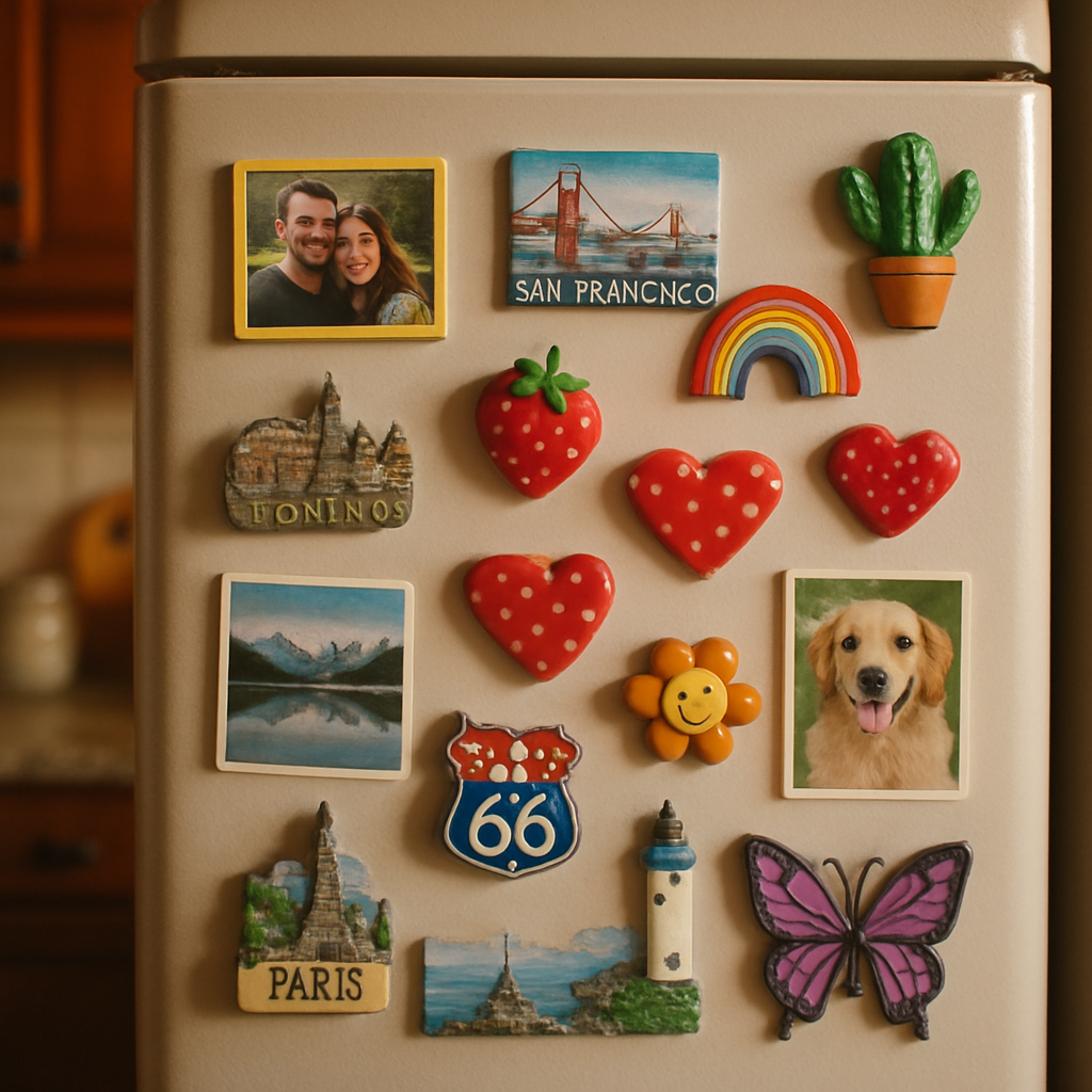 A cozy kitchen fridge door covered with a variety of colorful, decorative magnets including photo magnets, souvenir magnets, and whimsical shapes. Alt: Decorative magnets for refrigerator doors adding personality and style.