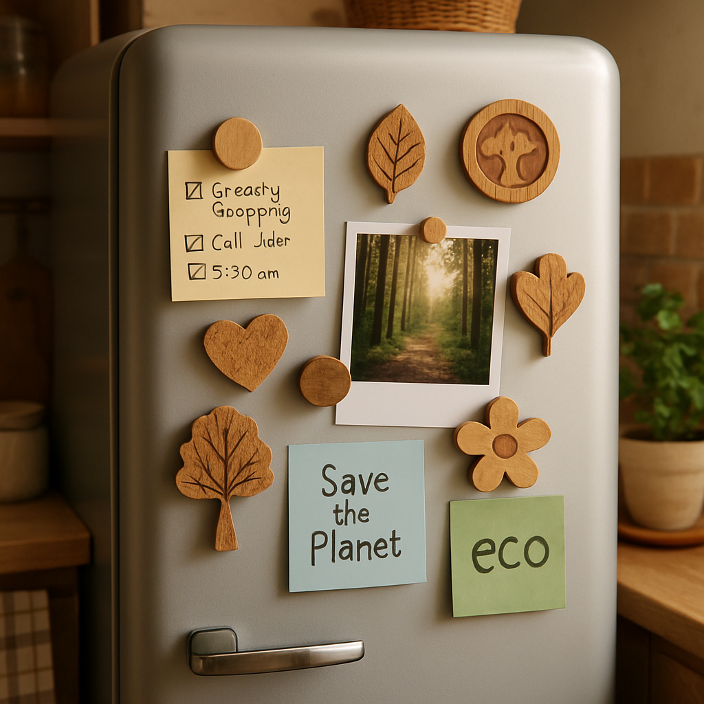 A cozy kitchen refrigerator with a variety of eco-friendly magnets made from natural wood and recycled materials, holding colorful notes and photos. Alt: Eco-friendly magnets for refrigerator doors made from sustainable natural materials enhancing kitchen decor.