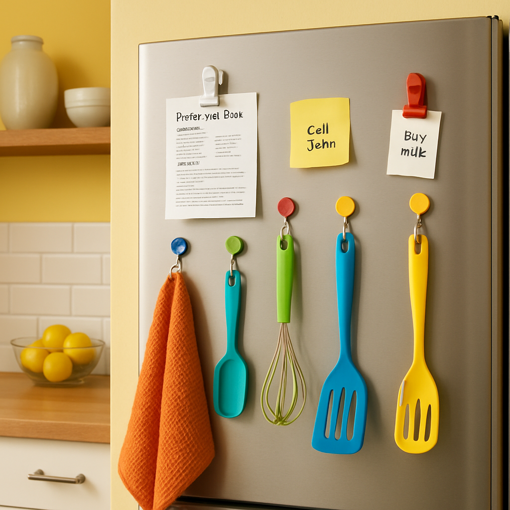 A bright, cozy kitchen wall with an assortment of magnetic hooks holding colorful kitchen tools and clips securing recipes and notes to a stainless steel fridge. Alt: Kitchen magnets in use holding utensils and papers on fridge, demonstrating magnetic hooks and clips for kitchen organization.