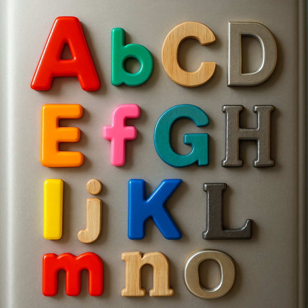 Various types of letter magnets displayed on a refrigerator door, highlighting differences in materials, sizes, and textures. Alt: A selection of colorful plastic, wooden, and metal letter magnets arranged on a fridge.