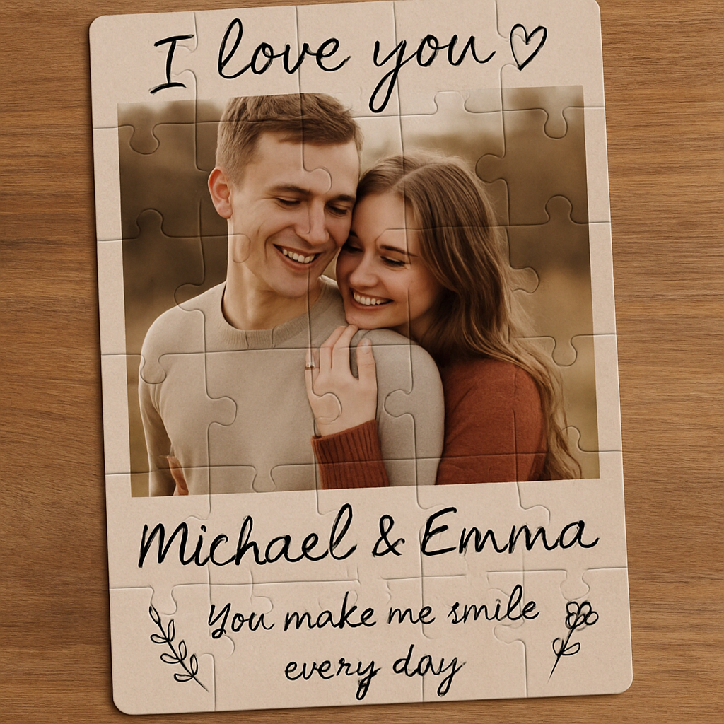 A personalized photo jigsaw puzzle with handwritten notes and decorative elements. Alt: personalized photo jigsaw puzzle with custom text and touches.