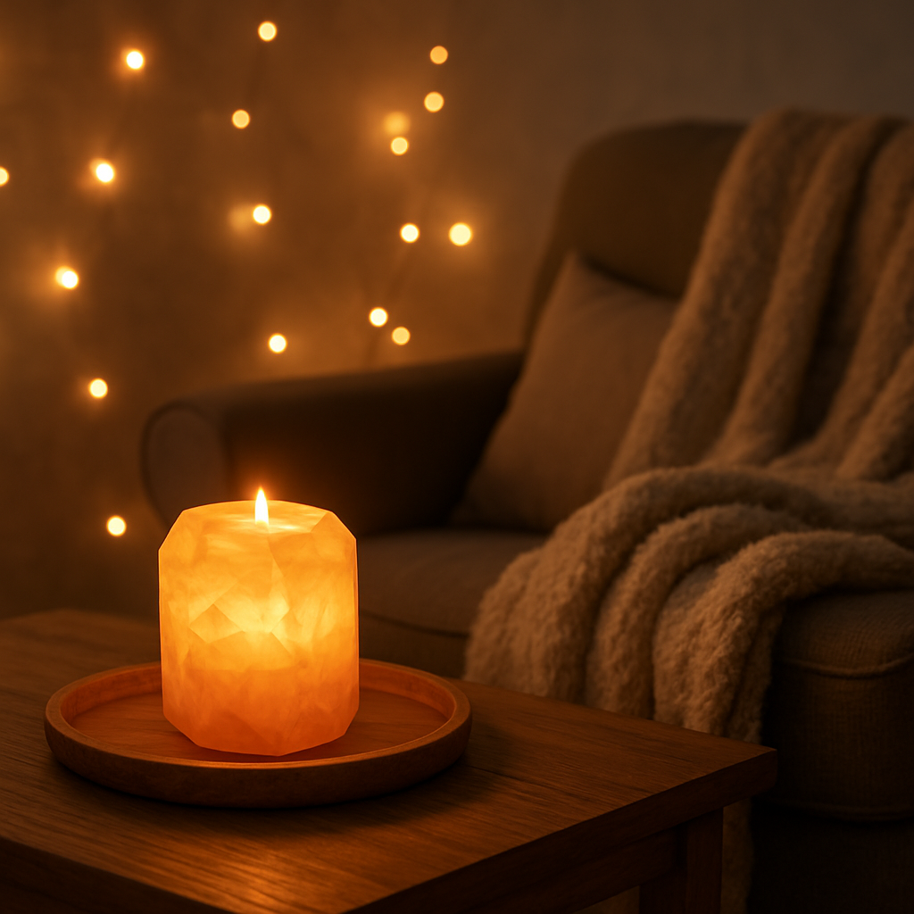 A cozy living room corner with a glowing gemstone candle on a wooden tray, soft fairy lights in the background, and a plush blanket draped over a chair. Alt: ambient lighting with gemstone candle for mood setting.