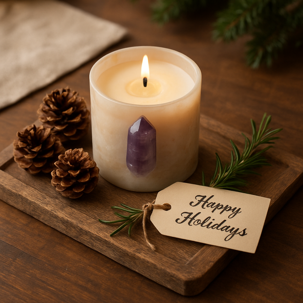 A cozy holiday table with a gemstone candle on a reclaimed‑wood tray, pine‑cones, rosemary sprig, and a handwritten gift tag. Alt: gemstone candle gift presentation ideas