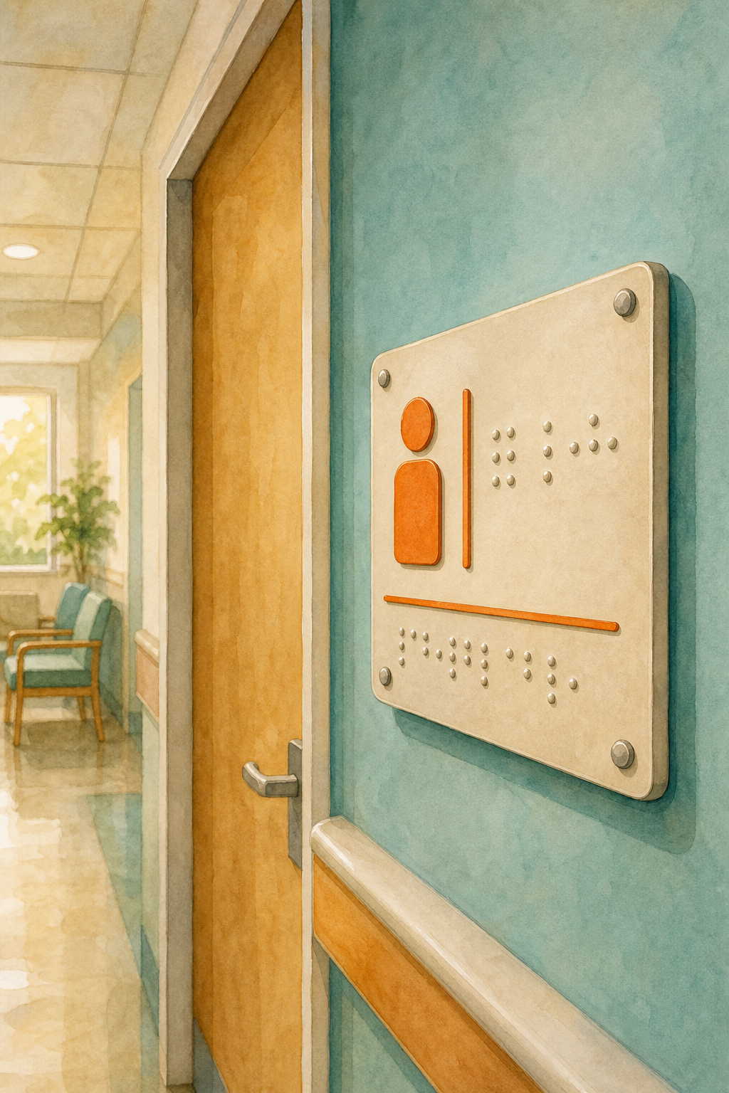 Watercolor illustration of a hospital corridor wall showing a tactile braille identification sign mounted beside a consultation room door, with raised text and braille dots visible, warm lighting and soft teal wall color. Alt: rótulo braille en puerta de consultorio de hospital con alto relieve y texto táctil.