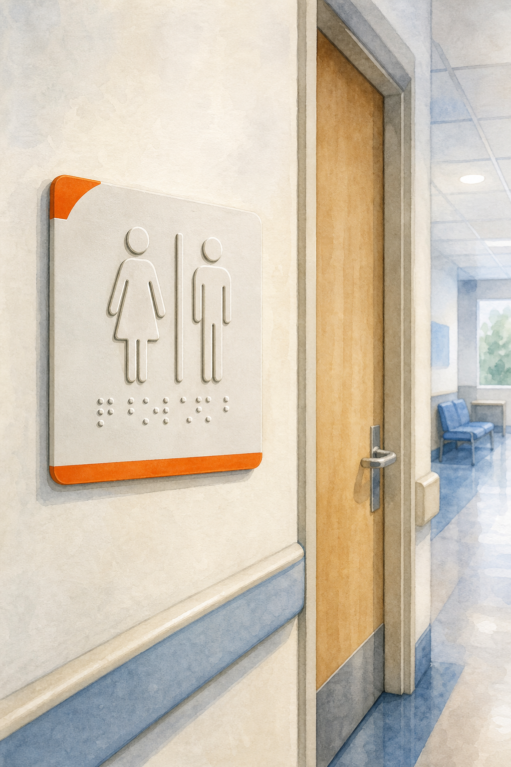 Watercolor scene of a hospital service corridor showing a braille sign mounted on a light wall next to a restroom door, with raised symbols and braille text, soft institutional lighting and clean minimal design. Alt: placa braille para sanitarios en hospital con pictograma en relieve y texto táctil.