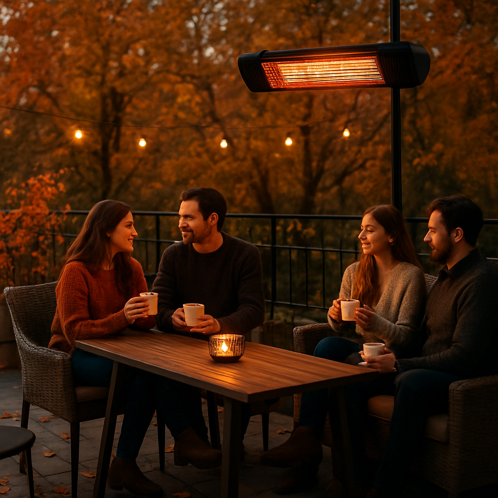 Eine stilvolle Terrasse im Herbst, beleuchtet von einem eleganten Infrarot‑Heizstrahler, Menschen sitzen mit heißen Getränken, warme Atmosphäre, klare Details, Alt: Heizstrahler Terrasse elektrisch