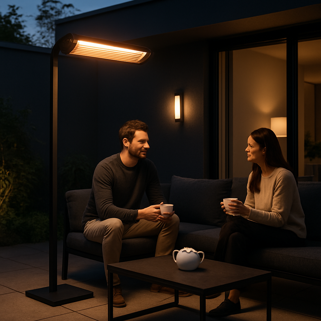 A sleek modern patio at dusk featuring an elegant electric infrared heater with a minimalist metal frame, warm LED lighting, and a wooden finish, people enjoying tea and conversation. Alt: stilvoller elektrischer Heizstrahler terrasse design