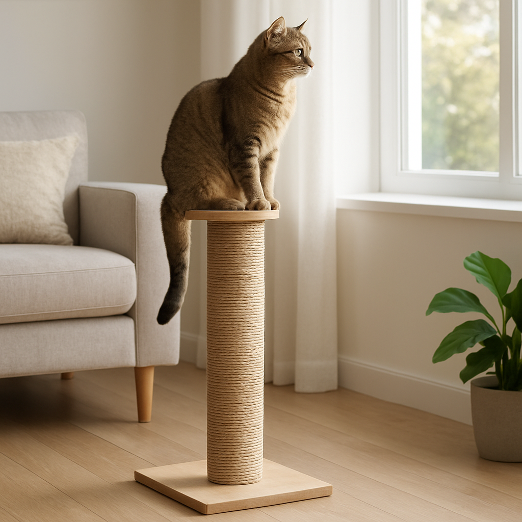 A sleek, modern cat scratching post tall made of natural sisal rope wrapped around a sturdy wooden pole, placed in a bright living room with a content cat perched atop, looking out a window. Alt: cat scratching post tall benefits for feline health and home protection.