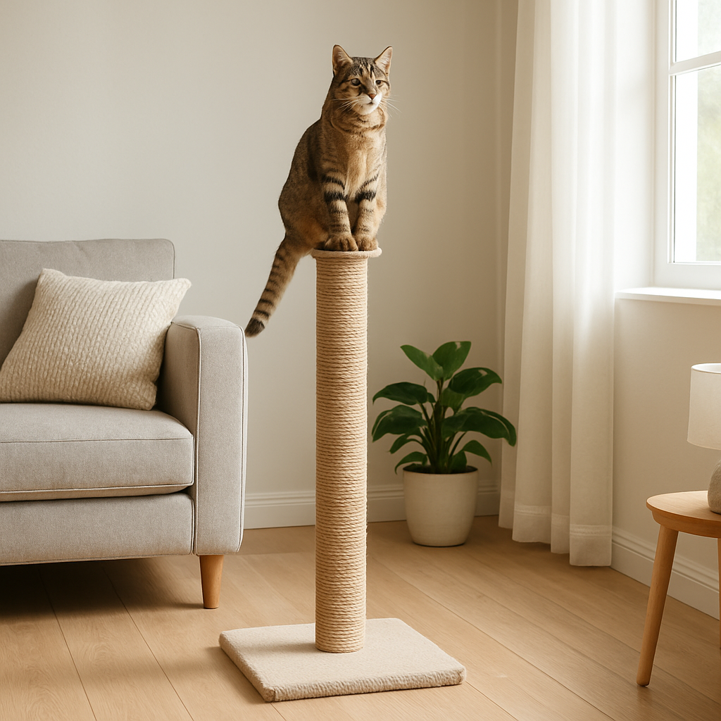 A bright, modern living room with a sleek, budget-friendly cat scratching post tall made of sisal rope and a sand‑filled base, a content cat perched near the top, soft natural light streaming through a window. Alt: Affordable tall cat scratching post for indoor cats under $50.