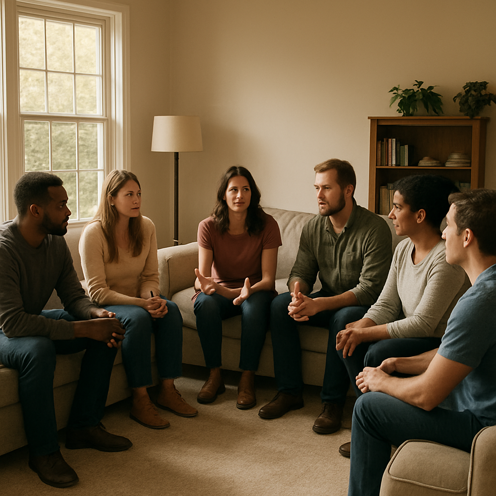 A warm, well‑lit residential detox facility common area with comfortable sofas, natural light, and a group of people in a circle sharing, Alt: Residential detox program supportive environment