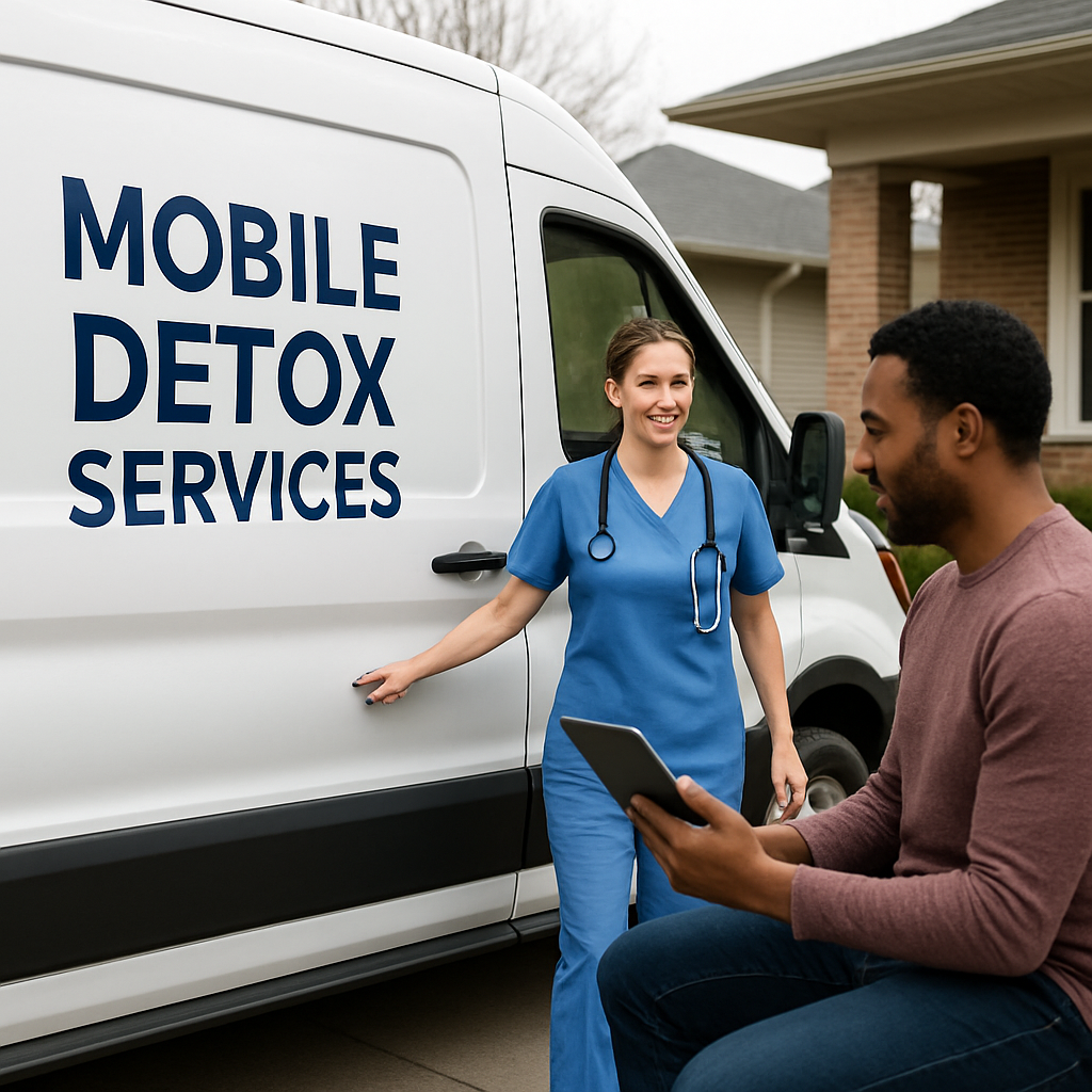 A friendly mobile detox van parked outside a suburban house, with a nurse in scrubs opening the door, a family member holding a tablet for a tele‑health call. Alt: Mobile detox services bringing medical care to the home