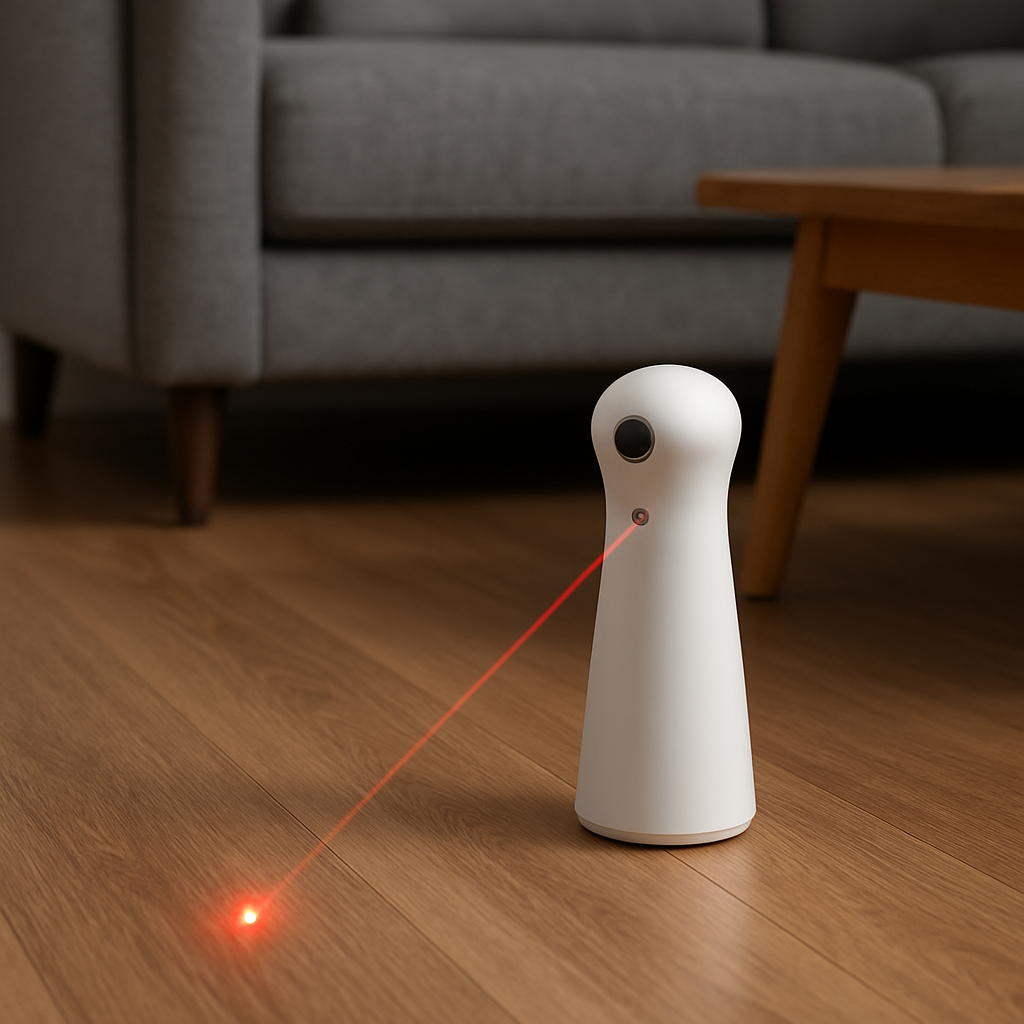 A sleek automatic laser cat toy perched on a modern living‑room floor, red dot dancing across a hardwood surface. Alt: cat toy laser automatic in action, indoor cat play.