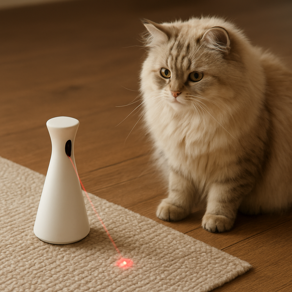 A modern automatic laser cat toy sitting on a wooden floor, its red dot dancing across the rug while a fluffy cat watches intently. Alt: cat toy laser automatic maintenance cleaning guide.